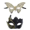 Elegantes Paar Masken Set mit goldenem Schmetterlingsspitze und schwarzem Glitzer für Party. - Gold Multi-Horn + Geformter Schmetterling