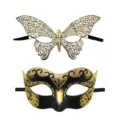 Paar Maskerade Maske Set, goldene Schmetterling und schwarze Glitzer Venedig Halbgesicht. - Gold Bemalt + Geformter Schmetterling