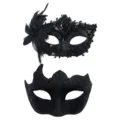 Schwarze Paare Masken Set, Federn Pailletten Halbgesicht Maske für Halloween Party. - Multi-Horn Bemalt + Lilie - Schwarz