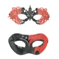 Paar Masken Set, schwarze und rote Glitzer Spitzen Masken für Halloween Party Karneval. - Bemalter flacher Kopf und klein spitz / Rot