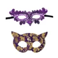 Paar Maskerade Maske Set, lila spitze und goldene blumen katzenohr masken für halloween. - Jazz Katzengesicht und kleiner Pfau / Lila