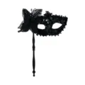 Black sequin masquerade mask with butterfly and handle, perfect for Halloween and costume parties. - Black