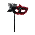 Masquerade handheld mask with black mesh butterfly and red sequins for party costume. - Red