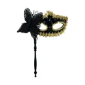 Handheld masquerade mask with black butterfly and gold sequins for party and Halloween events. - Gold