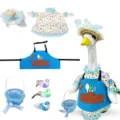 Adorable ensemble de vêtements pour oie en peluche 23 pouces robe florale tablier chapeau. - Convient 23 Pouces / Tenue de Jardinier Bleue