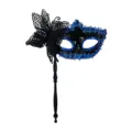 Handheld Venetian masquerade mask with blue sequins, black butterfly and stick for party. - Blue
