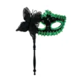 Máscara de carnaval con mango, mariposa negra y brillantes lentejuelas para Halloween. - Verde