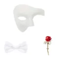 Carnaval feest Halloween masker set met wit halfgelaatsmasker, vlinderdas en rode roos broche. - Wit Set van Drie