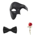 Maskerade maskersets met fantoom halfmasker, zwarte vlinderdas en rode roos broche voor feest. - Zwart 3-Delige Set