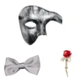 Carnaval masker set met spookmasker, grijze satijnen vlinderstrik en rode roos broche. - Zilveren 3-delige Set