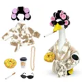 Veranda gans badjas outfit set grappige gazon ornament kleding accessoires voor tuinbeeld - Lichte Koffie Koeienbadjas (Met Krulspelden) / Past op Beelden van 23 Inch