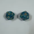 Two teal pearl pattern 20-sided polyhedral dice with gold numbers for board games - Pearl Sky Blue