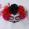 Máscara de Calavera del Día de los Muertos con Flores Artificiales Estrás Halloween - Máscara del Día de los Muertos con Tres Flores