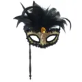 Mascherata festa piuma mezzo viso maschera paillettes diamante tenuto in mano supporto. - Maschera a Mano con Paillettes - Piuma Nera Oro