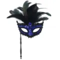 Maschera di carnevale con paillettes blu e piume nere con bastone per feste e ballo. - Maschera a Mano con Paillettes - Piuma Nera Blu