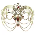 Goldene filigrane Metall Maskerade Maske mit roten Strasssteinen und Ketten für Party. - Eisenkunst Strass Quasten Maske - Gold