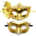 Gold masquerade mask set with side flower feather and sleek half face mask for party ball. - Electroplated Side Flower Mask Combo (Gold)