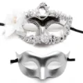 Silver masquerade mask set, electroplated half face mask with side flower and plain style. - Electroplated Side Flower Mask Combo (Silver)