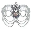 Elegante silberne Metall Maske im venezianischen Stil mit hängenden Ketten und Strass für Partys. - Eisenkunst Strass Quasten Maske - Silber