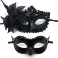 Black masquerade mask set with feather flower and smooth half face mask for party wear. - Electroplated Side Flower Mask Combo (Black)