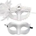White masquerade mask set with feather side flower and plain design for party ball costumes. - Electroplated Side Flower Mask Combo (White)