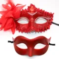 Red masquerade mask set with feather lace and plain variant for party costume dress up. - Electroplated Side Flower Mask Combo (Red)