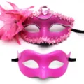 Pink masquerade mask with feather rhinestones and plain style party eye mask 2pcs set. - Electroplated Side Flower Mask Combo (Rose Red)