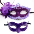 Purple masquerade mask set with feather flower and rhinestones for party cosplay and ball. - Electroplated Side Flower Mask Combo (Purple)