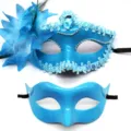 Blue masquerade mask set with feather sequin and plain glossy half face design for party dress up. - Electroplated Side Flower Mask Combo (Blue)