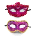 Halbgesicht Maskenball Party Maske Halloween Kostuem Verkleidung Requisite fuer Damen 2Stk - Bordüren-Kombination - Rosenrot