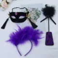 Masquerade party cat mask purple feather headband and feather crop set for costume events. - Cat Mask & Headband & Tickler Set (Purple)