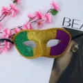 Mardi Gras glitter half face mask with gold trim and ribbons for festival party costume. - Glitter Carnival Mask-Flat Head