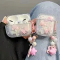 Cute clear AirPods Pro case with 3D pink butterflies and beaded star charm lanyard - 3D Pink Butterfly Case With Pendant