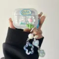 Close-up view of a cute 3D rabbit and flower AirPods Pro case with a stylish beaded charm - 3D Rabbit Blue Flower Case With Pendant