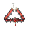 Gothic red ribbon black lace choker necklace with vintage oval gemstone pendant for women. - Red