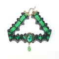 Green ribbon black lace choker necklace with vintage gemstone pendant gothic jewelry item. - Green