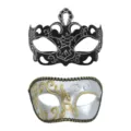 Set de masques de venise style couronne noire argentine et motif dore argente demi visage. - Couronne Peinte et Tête Plate Sculptée Argent