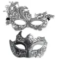 Silberne Spitzen- und schwarze Plastik-Masken-Set für Kostümball und Party-Requisiten. - Phönix Mehrhorn Set - Silber