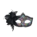 Glitzernde Damen Maske mit bunten Pailletten und schwarzer Blüte für Party und Karneval. - Seitenblumenmaske - Schwarz