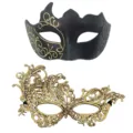 Schwarz goldene Masken Set, halbes Gesicht Spitzen Masken für Karneval und Kostümfeste. - Phönix Mehrhorn Set - Einäugig Gold