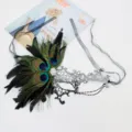 Peacock feather lace masquerade mask with rhinestones and chains for party costume. - Rhinestone Feather Gradient Single Eye - Silver Black