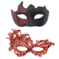 Maskenball Masken Set, schwarze Glitzer und rote Spitzen Halbmasken für Kostüm Party. - Phönix Mehrhorn Set - Einäugig Rot