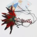 Halloween feathered masquerade half face mask with lace, rhinestones and chic party chains. - Rhinestone Feather Gradient Single Eye - Black Red