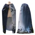 Halloween Costume Bat Castle Print Cape Gothic Vampire Cloak Party Cosplay Dress Up - Robe / Blue Black Graveyard Style