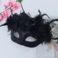 Black feather lace masquerade mask, half face plastic Halloween party costume prop variant. - Black