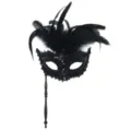 Schwarze Pailletten Feder Maske mit Haltegriff, elegante Maskenball Party Requisite. - Pailletten Handmaske - Schwarze Feder Schwarz