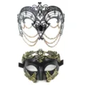 Elegante schwarze Masken Set mit Metall Ketten und goldenen Verzierungen für Kostümfeste. - Hohl Quaste Maskenkombination - Schwarzgold