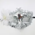 Silver sequin masquerade mask with white feather flower, half face eye mask for party. - Sequin Side Flower Mask (Silver)