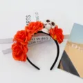 Halloween Totenkopf Blumen Haarreif orange Rosen Haarschmuck Party Kostüm Requisite - Skelett Simulierte Rose Stirnband - Orange