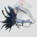 Halloween rhinestone feather lace half face mask for masquerade party costume ball - Rhinestone Feather Gradient Single Eye - Black Blue